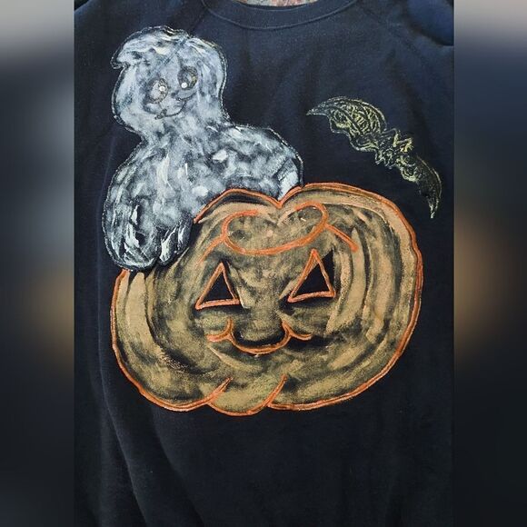 Vintage 1990s Halloween Sweatshirt Handpainted Pumpkin Ghost Bat Size XL - Picture 7 of 9